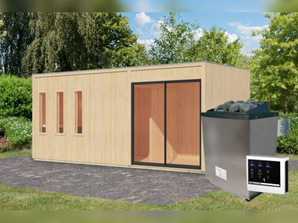 Karibu Saunahaus Monterey, natur, inkl. 9 kW Ofen ext. Steuerung, mit Séparée im Vorraum, 73 mm Karibu Saunahaus Monterey, natur, inkl. 9 kW Ofen ext. Steuerung, mit Séparée im Vorraum, 73 mm