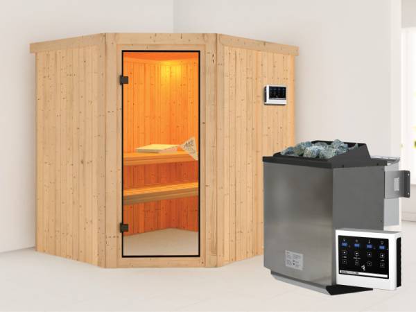 Karibu Sauna Siirin inkl. 9 kW Bioofen ext. Steuerung mit klassischer Saunatür - ohne Dachkranz -