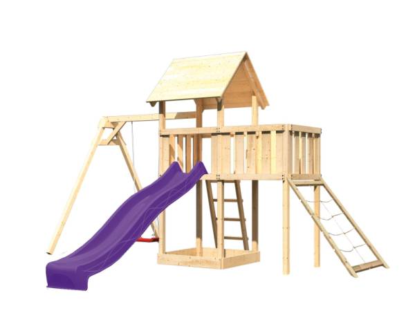 Akubi Spielturm Lotti Satteldach + Rutsche violett + Einzelschaukel + Anbauplattform + Netzrampe