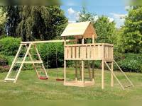 Akubi Spielturm Lotti natur- Anbauplattform- Doppelschaukel inkl. Klettergerüst- Netzrampe