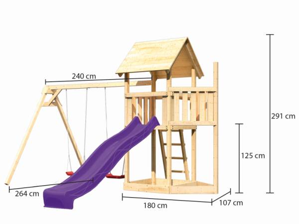 Akubi Spielturm Lotti Satteldach + Schiffsanbau oben + Doppelschaukel + Rutsche in violett