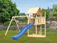 Akubi Spielturm Lotti Satteldach + Schiffsanbau oben + Doppelschaukel + Rutsche in blau
