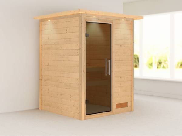 Nadja - Karibu Sauna Plug & Play ohne Ofen - mit Dachkranz - Moderne Saunatür Nadja - Karibu Sauna Plug & Play ohne Ofen - mit Dachkranz - Moderne Saunatür