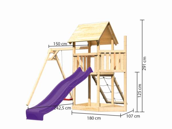 Akubi Spielturm Lotti Satteldach + Schiffsanbau oben + Einzelschaukel + Netzrampe + Rutsche in violett