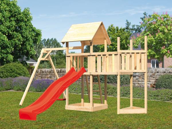 Akubi Spielturm Lotti Satteldach + Schiffsanbau oben + Anbauplattform + Einzelschaukel + Rutsche in rot