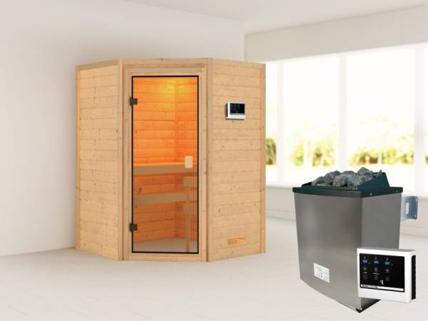 Karibu Sauna Antonia mit 4,5 kW Ofen ext. Strg ohne Dachkranz