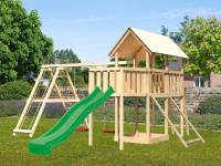 Akubi Spielturm Danny Satteldach + Rutsche grün + Doppelschaukelanbau Klettergerüst + Anbauplattform + Netzrampe