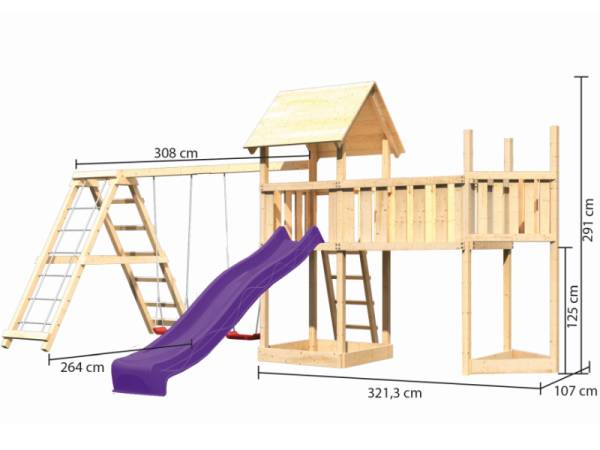 Akubi Spielturm Lotti Satteldach + Schiffsanbau oben + Doppelschaukel mit Klettergerüst + Anbauplattform XL + Rutsche in violett