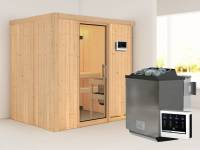 Karibu Sauna Bodin- Klarglas Saunatür- 4,5 kW Bioofen ext. Strg- ohne Dachkranz