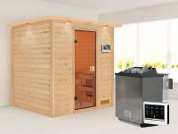 Karibu Sauna Anja inkl. 9 kW Bioofen ext. Steuerung, mit klassischer Saunatür -mit Dachkranz-