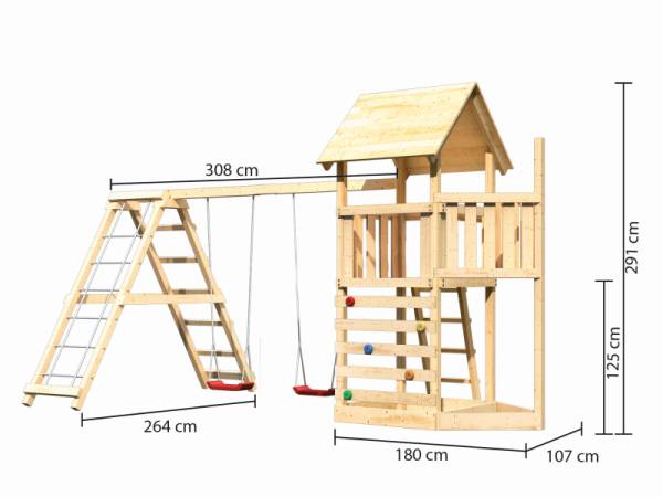 Akubi Spielturm Lotti Satteldach + Schiffsanbau oben + Doppelschaukel mit Klettergerüst + Kletterwand