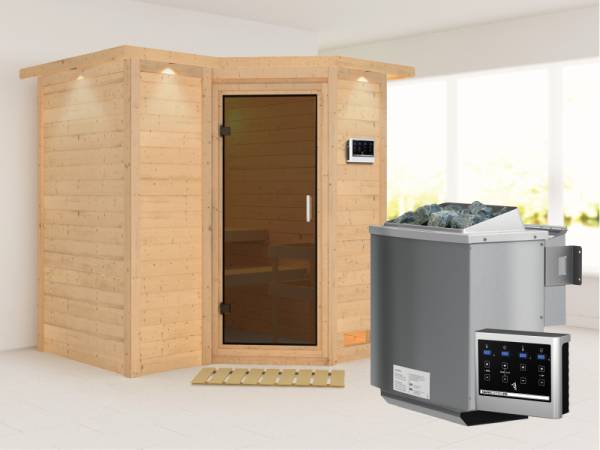 Karibu Sauna Sahib 1 inkl. 9-kW-Bioofen mit externer Steuerung, mit Dachkranz, mit moderner Saunatür