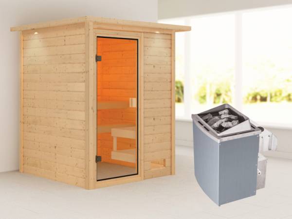 Karibu Sauna Sandra mit 4,5 kW Ofen integr. Strg und Dachkranz 38 mm Karibu Sauna Sandra mit 4,5 kW Ofen integr. Strg und Dachkranz 38 mm