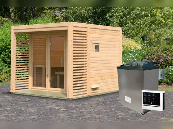 Osb samrt choice Saunahaus Patio 3, 38 mm naturbelassen -inkl. 9 kW Ofen ext. Steuerung- inkl. Dacheindeckung und Fußboden