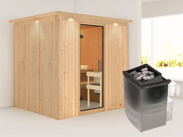 Karibu Sauna Sodin inkl. 9 kW Ofen integr. Steuerung mit Klarglas Ganzglastür - mit Dachkranz -