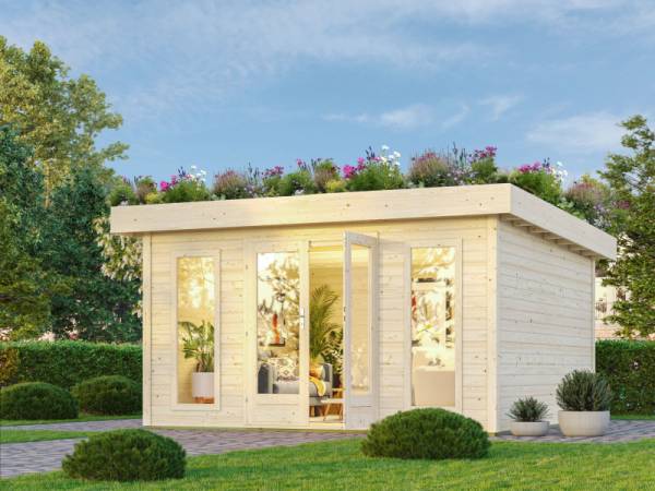 Karibu Aktionsgartenhaus Chalet, natur, inkl. selbstklebende Dachbahn, Vlies, Wurzelschutzfolie (für Dachbegrünung) und Fußboden