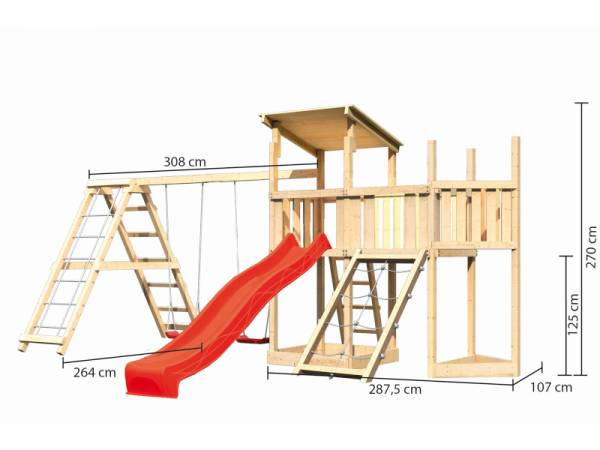 Akubi Spielturm Anna + Rutsche rot + Doppelschaukelanbau Klettergerüst + Anbauplattform + Netzrampe + Schiffsanbau oben