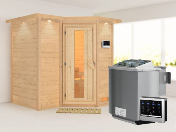 Karibu Sauna Sahib 1 inkl. 9-kW-Bioofen mit externer Steuerung, mit Dachkranz, mit energiesparender Saunatür