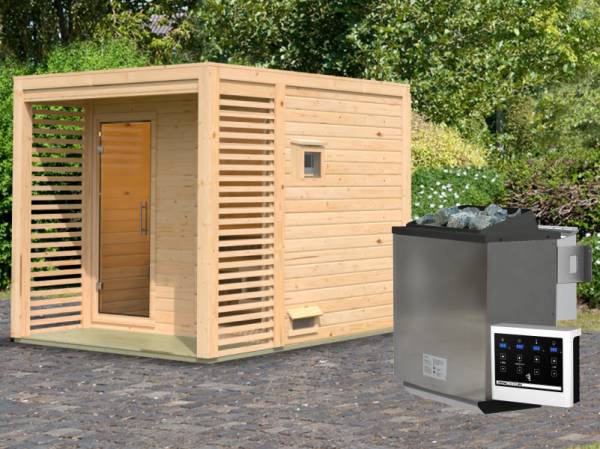 Osb smart choice Saunahaus Patio 2, 38 mm naturbelassen -inkl. 9 kW Bioofen ext. Steuerung-, inkl. Dacheindeckung und Fußboden