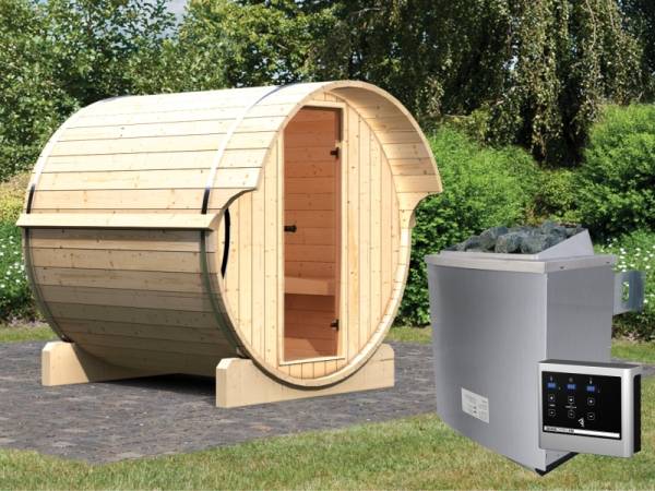Karibu Fass - Sauna 1 42 mm inkl. 9-kW-Ofen - Saunahaus Karibu Fass - Sauna 1 42 mm inkl. 9-kW-Ofen - Saunahaus