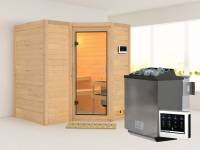 Karibu Sauna Sahib 1 inkl. 9 kW Bioofen ext. Steuerung, mit Klarglas-Ganzglastür - ohne Dachkranz-