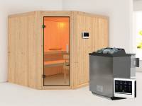 Karibu Sauna Malin inkl. 9 kW Bio Ofen mit ext. Steuerung, ohne Dachkranz, mit Klarglas Ganzglastür