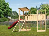 Akubi Spielturm Anna + Rutsche rot + Anbauplattform XL + Netzrampe + Schiffsanbau oben