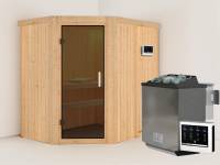 Karibu Sauna Carin inkl. 9 kW Bioofen ext. Steuerung mit moderner Saunatür - ohne Dachkranz -