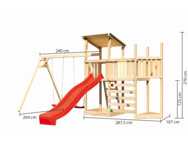 Akubi Spielturm Anna + Rutsche rot + Doppelschaukel + Anbauplattform + Kletterwand + Schiffsanbau oben