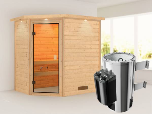 Cilja - Karibu Sauna Plug & Play inkl. 3,6 kW-Ofen - mit Dachkranz -
