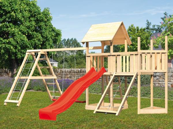 Akubi Spielturm Lotti Satteldach + Schiffsanbau oben + Anbauplattform + Doppelschaukel mit Klettergerüst + Netzrampe + Rutsche in rot