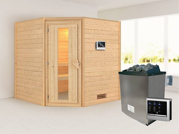 Karibu Sauna Nina 38 mm ohne Dachkranz- 9 kW ext. Strg- energiesparende Tür