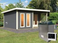 Karibu Saunahaus Mainburg 5 Set 0, inkl. 9 kW Ofen externe Steuerung, terragrau