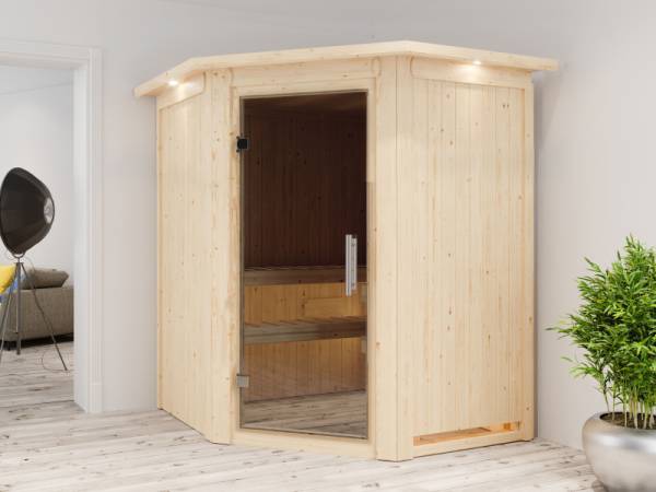 Karibu Sauna Larin inkl. 9 kW Ofen integrierte Steuerung,mit moderner Saunatür - mit Dachkranz -