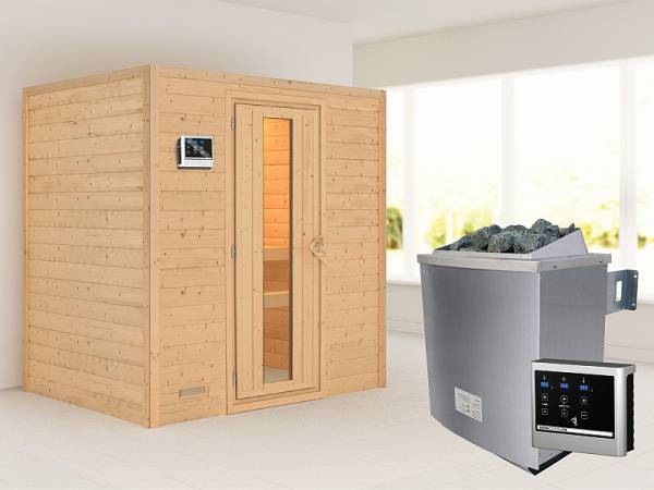 Karibu Woodfeeling Sauna Sonja - energiesparende Saunatür - 4,5 kW Ofen ext. Strg. - ohne Dachkranz