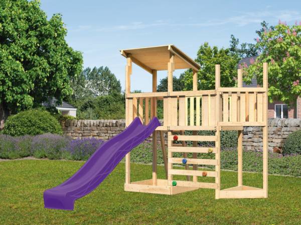 Akubi Spielturm Anna + Rutsche violett + Anbauplattform + Kletterwand + Schiffsanbau oben
