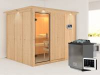 Karibu Sauna Gobin inkl. 9 kW Bio Ofen mit ext. Steuerung, mit Dachkranz, mit Klarglas Ganzglastür