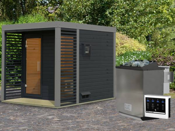 Karibu Hybrid Saunahaus Ares 2, anthrazit/staubgrau -inkl. 9 kW Bioofen ext. Steuerung-