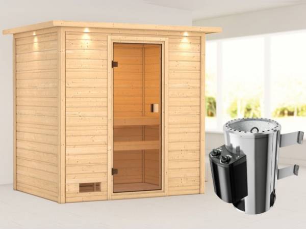 Karibu Sauna Selena mit 3,6 kW Ofen integr. Strg und Dachkranz 38 mm Karibu Sauna Selena mit 3,6 kW Ofen integr. Strg und Dachkranz 38 mm