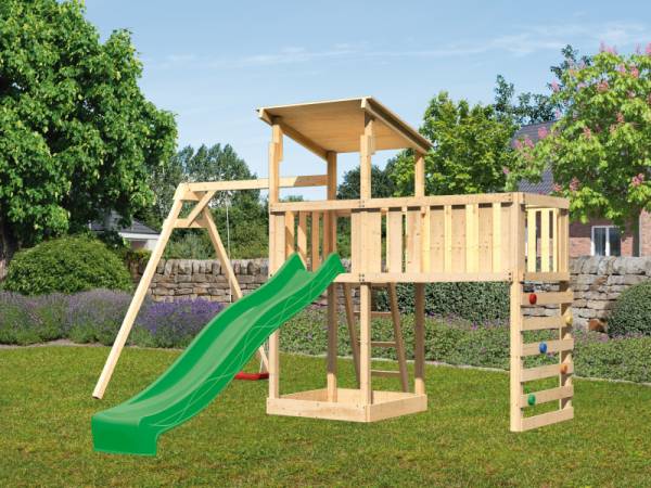 Akubi Spielturm Anna + Rutsche grün + Einzelschaukel + Anbauplattform XL + Kletterwand