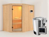 Saja - Karibu Sauna Plug & Play 3,6 kW Bio Ofen, ext. Steuerung - ohne Dachkranz - Klarglas Ganzglastür
