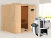 Daria - Karibu Sauna Plug & Play 3,6 kW Ofen, ext. Steuerung - ohne Dachkranz - Moderne Saunatür