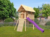 Akubi Stelzenhaus Gernegross naturbelassen mit Rutsche in violett + Holzrampe