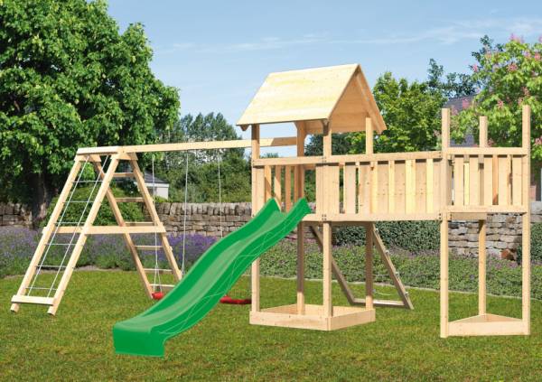Akubi Spielturm Lotti Satteldach + Schiffsanbau oben + Doppelschaukel mit Klettergerüst + Anbauplattform XL + Netzrampe + Rutsche in grün