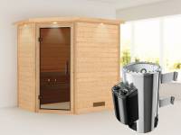 Cilja - Karibu Sauna Plug & Play 3,6 kW Ofen, int. Steuerung - mit Dachkranz - Moderne Saunatür