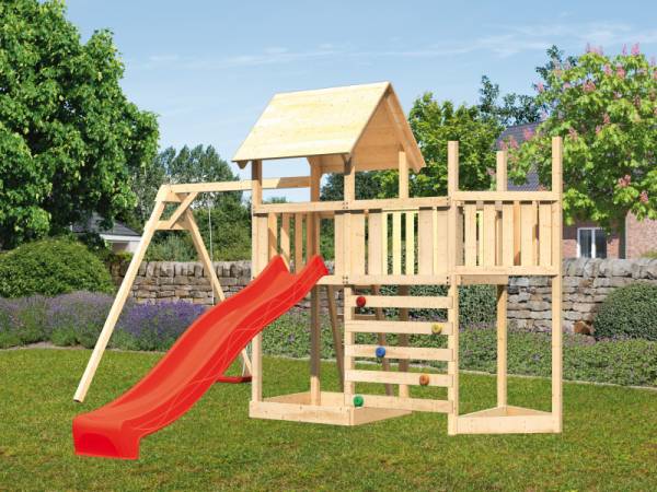 Akubi Spielturm Lotti Satteldach + Schiffsanbau oben + Anbauplattform + Einzelschaukel + Kletterwand + Rutsche in rot