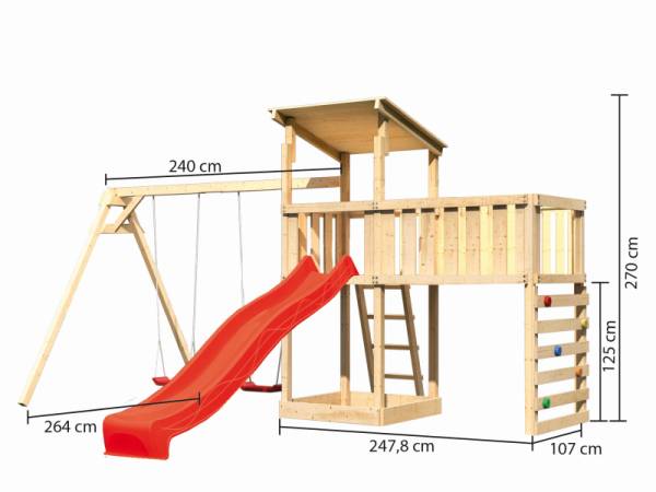 Akubi Spielturm Anna + Rutsche rot + Doppelschaukel + Anbauplattform XL + Kletterwand
