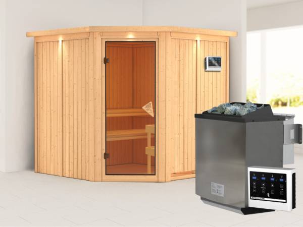 Jarin - Karibu Sauna inkl. 9-kW-Bioofen - mit Dachkranz -