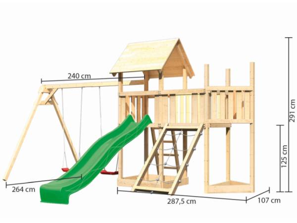 Akubi Spielturm Lotti Satteldach + Schiffsanbau oben + Anbauplattform + Doppelschaukel + Netzrampe + Rutsche in grün