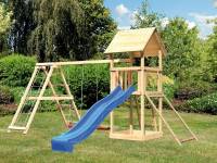 Akubi Spielturm Lotti- Doppelschaukel mit Klettergerüst, Netzrampe und Rutsche in blau